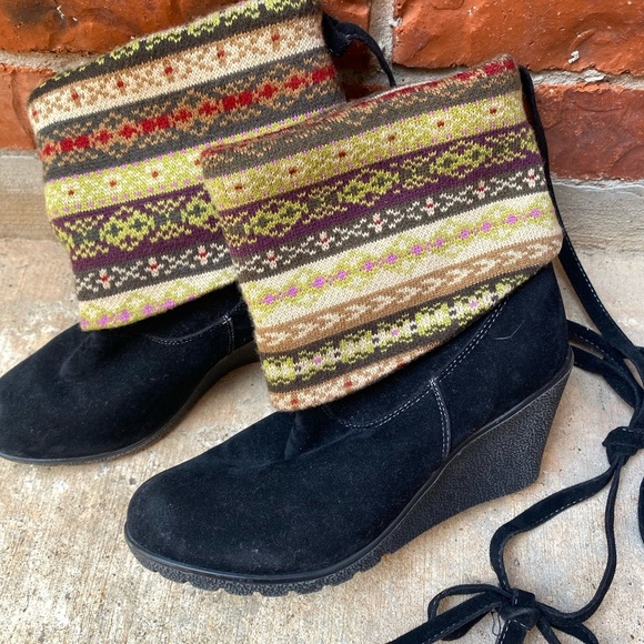 Womens 8.5 Mocassin Southwestern Boho Black Wedge Boots - Picture 2 of 9